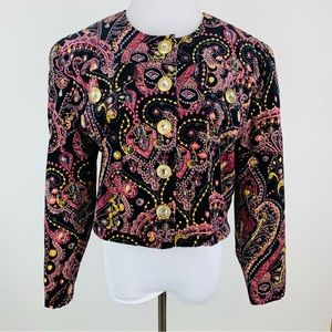 Vintage Betty Barclay Velvet Paisley Jacket Rhinestone Buttons Sz 10